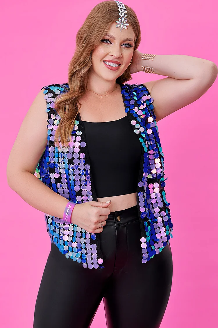 Xpluswear Design Plus Size Purple Party Open Front Sleeveless Round Sequin  Vest Tank Tops
