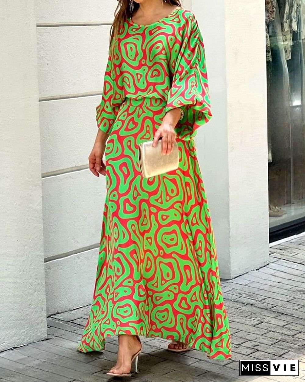 Summer New Loose Printed Maxi Dress Long-sleeved Top High-waisted Half-length Dress Suit Vestidos De Mujer