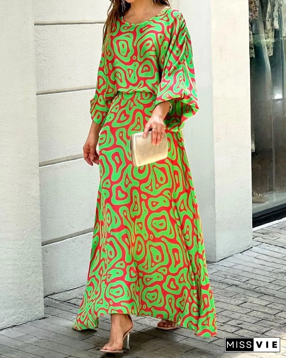 Summer New Loose Printed Maxi Dress Long-sleeved Top High-waisted Half-length Dress Suit Vestidos De Mujer