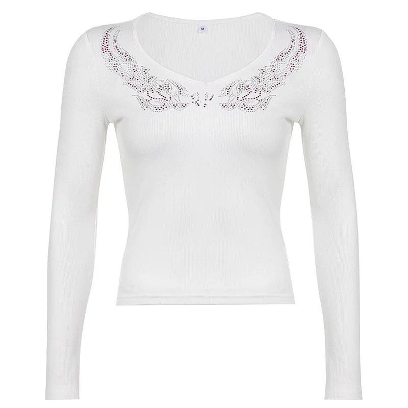 Rapcopter Diamonds Crop Top Black Long Sleeve Knitted T Shirt V Neck Basic Harajuku Pullovers Women Autumn Winter Tee Korean 90s