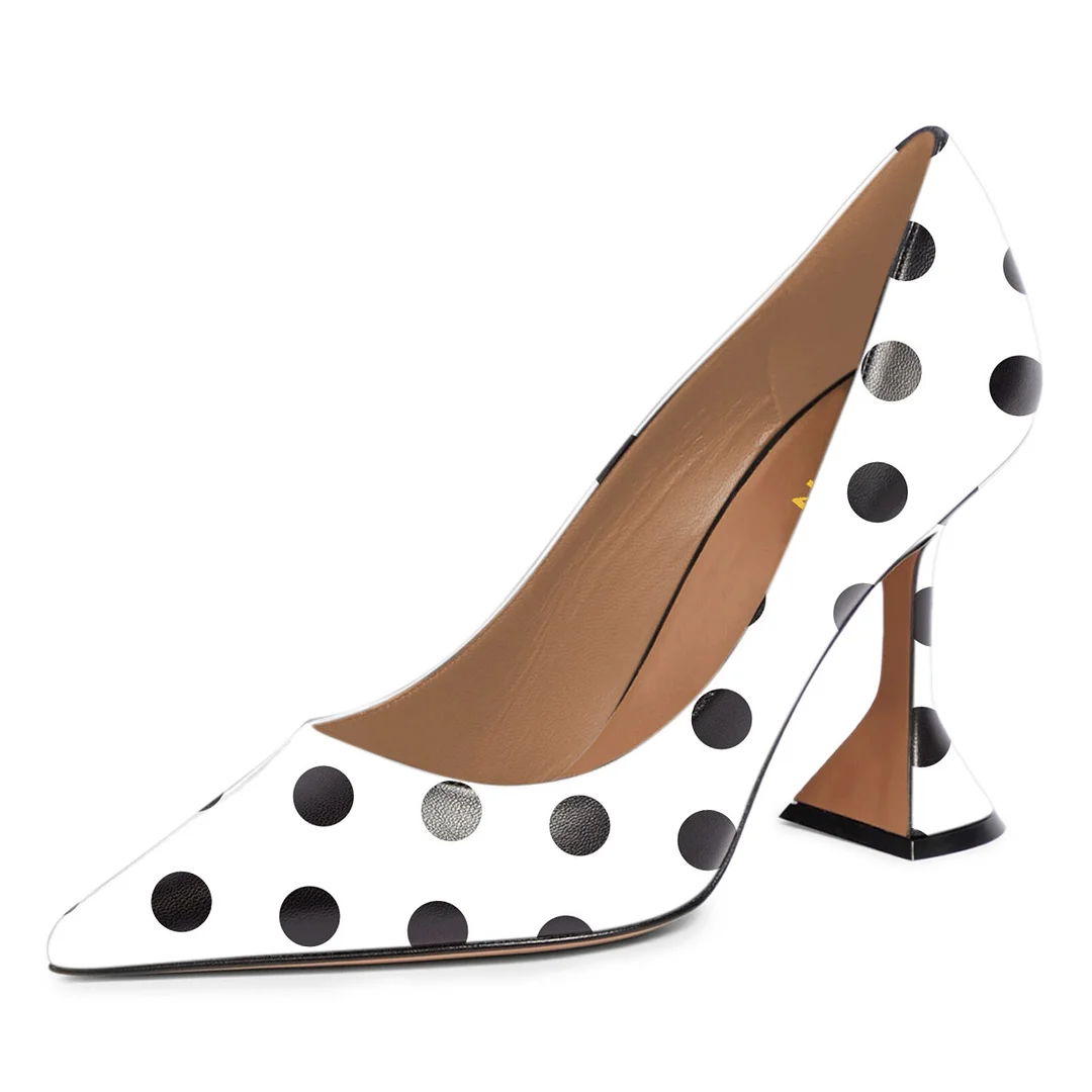 Black & White Polka Dot Vegan Leather Pointed Pumps with Flared Heel