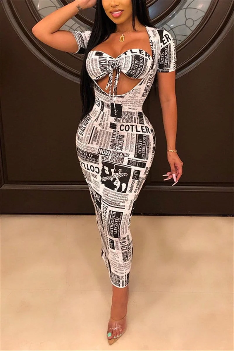 Sexy Casual Newspaper Print Strapless Set