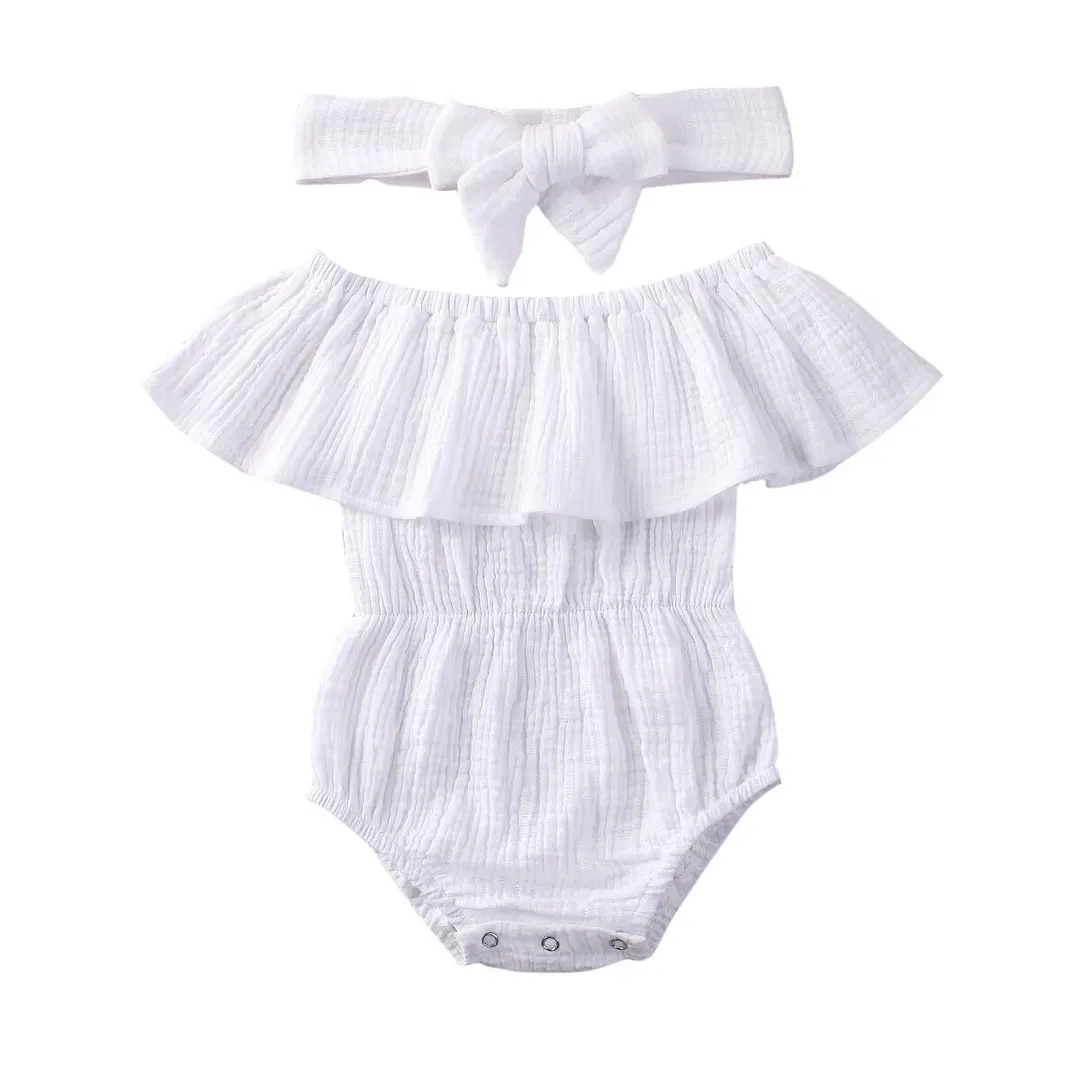 2020 Baby Summer Clothing Newborn Baby Girl Ruffles Sleeve Jumpsuit Classic Solid Color Off-shoulder Triangle Jumpsuit Headband