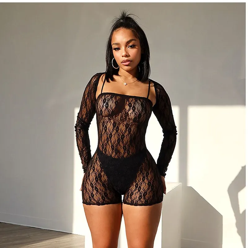 Uveng Uveng New Women's Hottie Fashion Lace Empty Long Sleeve Sumpension Slings