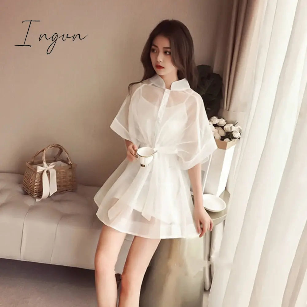 Ingvn - Summer Outfits Two - Piece Set Mini Dress Women Korean Short Sleeve Stand Organza Belt