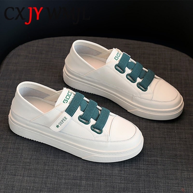 CXJYWMJL Genuine Leather Women Platform Sneakers Summer Fashion Thick Bottom Vulcanized Shoes Ladies Little White Shoes Flats