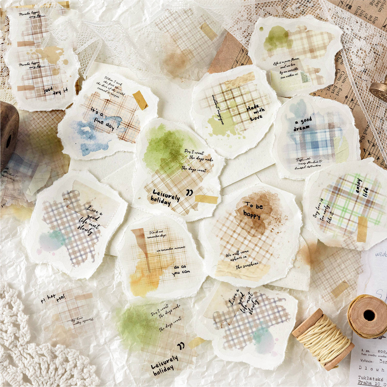 PET 스티커 - 다채로운 플레드 포장 시리즈 빈티지 수채화 격자무늬