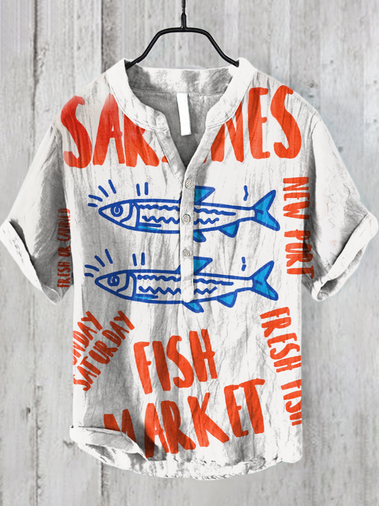 Japanese Fashion Fish Art Linen-Blend Shirt
