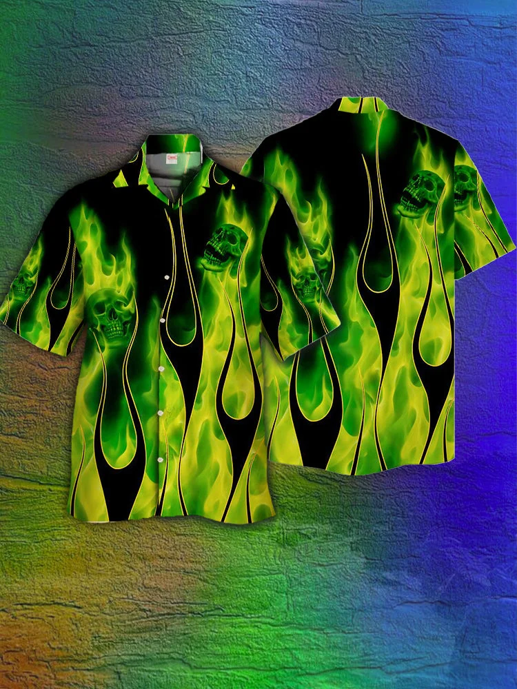 Eye-Catching Psychedelic Green Fire Flame Pattern Printing Cuban