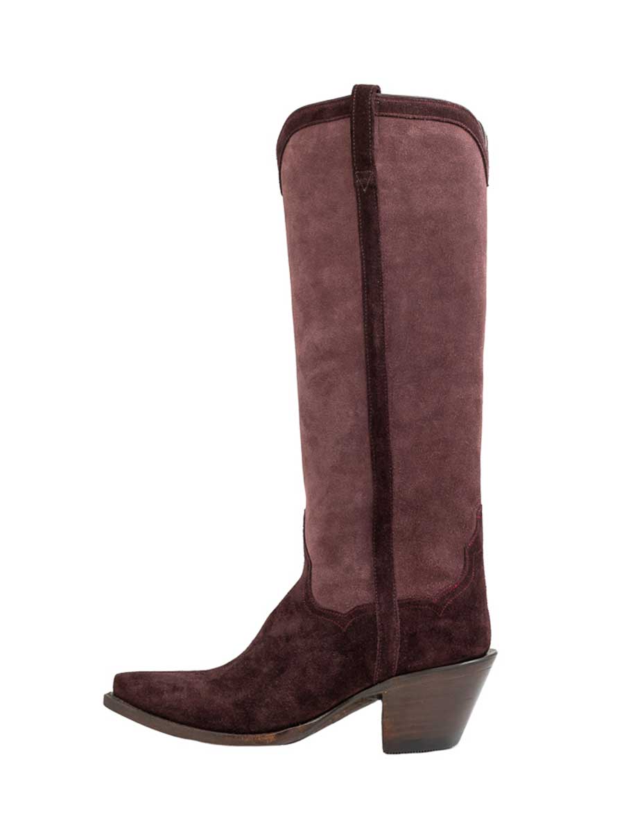 Maroon Vegan Suede Snip Toe Chunky Heel Knee High Cowgirl Boots