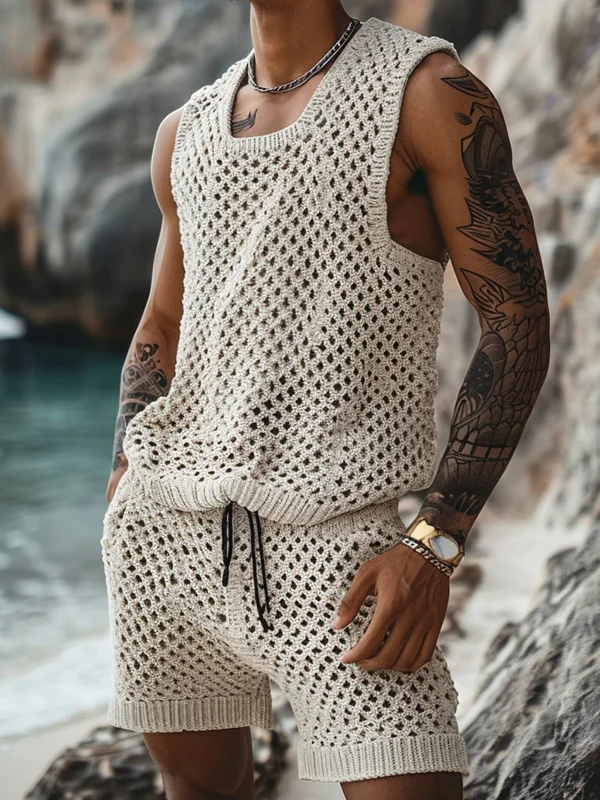Men's Casual Hollow Out Knit Tank Top Drawstring Shorts Matching Set