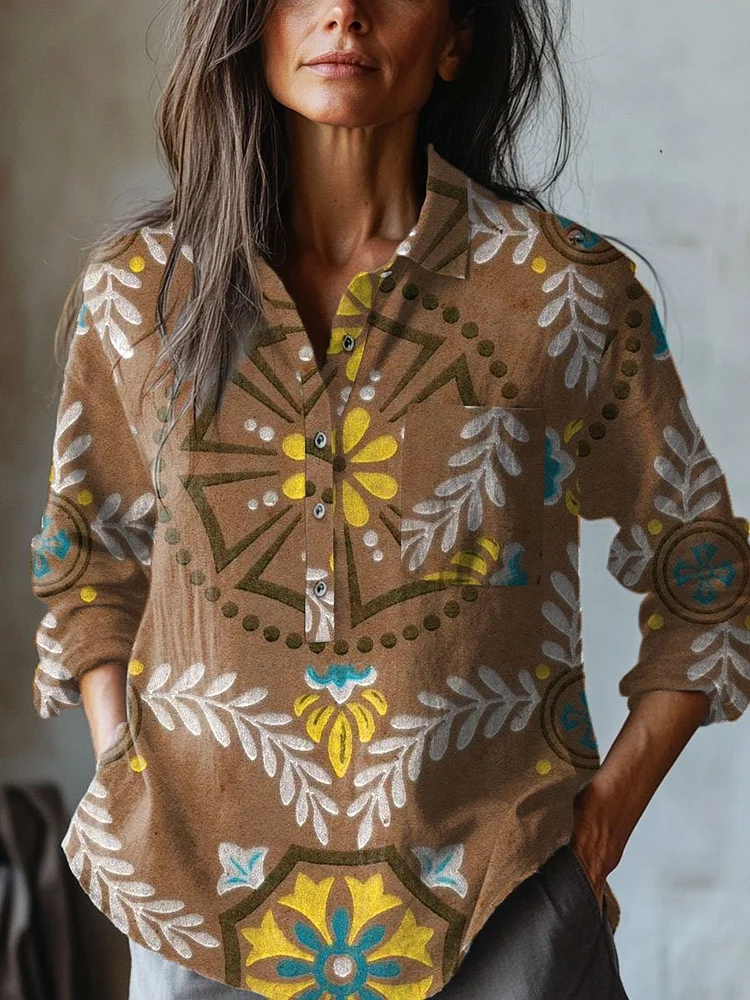 Women's   Floral  Art Print Casual Cotton And Linen Shirt
