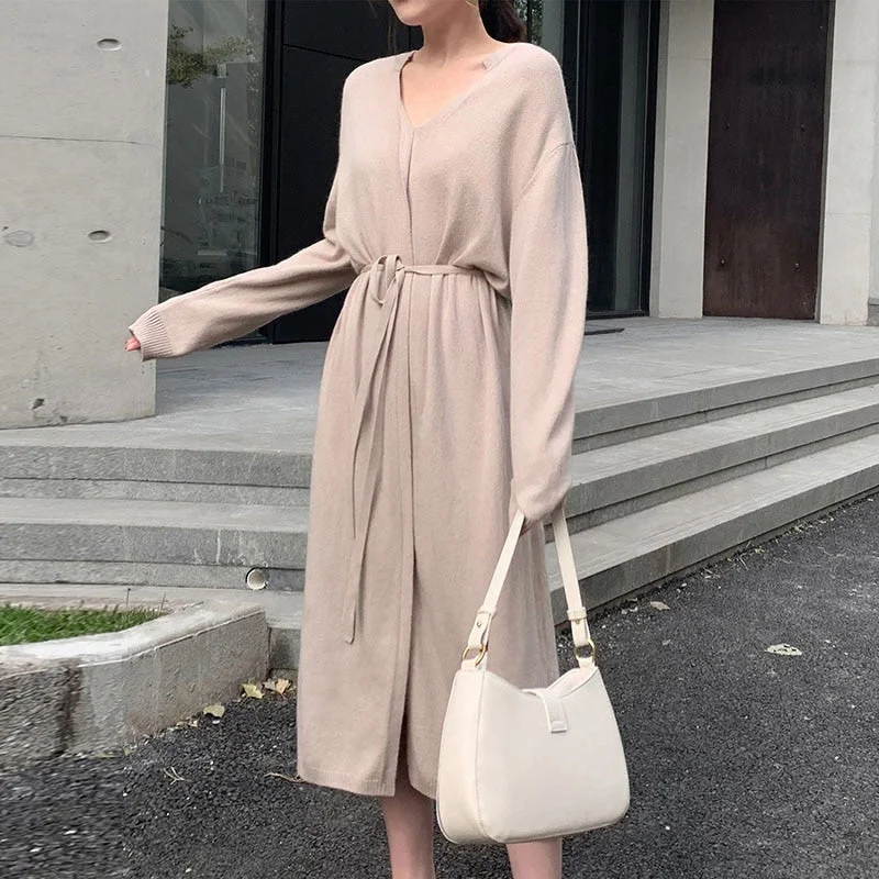 Aachoae Women Elegant Solid Midi Dress With Belt 2021 V Neck Korean Chic Dresses Long Sleeve Casual Knitted Sweater Dress Robe