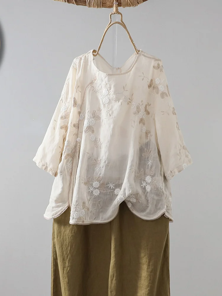 Retro Floral Plant Embroidered Loose Linen Blouse