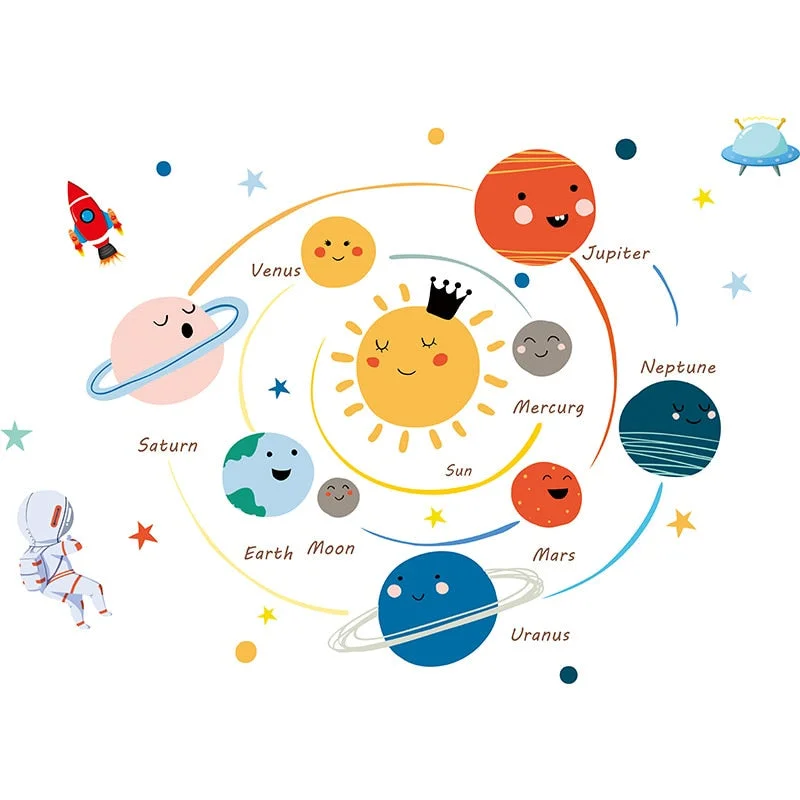 Hand Paint Cartoon Cute Space Solar System Planets Wall Stickers for Kids Room Baby Bedroom Wall Decals PVC Home Decor Removable