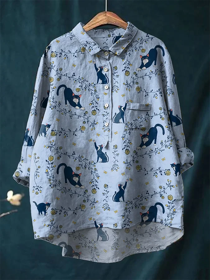 Womens Funny Cat And Flower Print Cotton And Linen Shirt