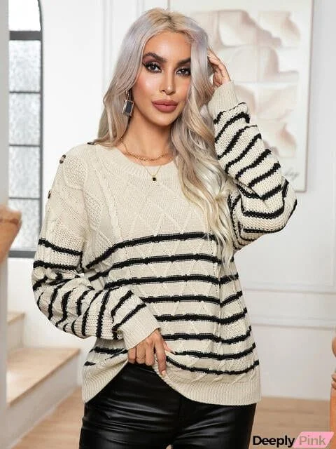 Striped Round Neck Cable-Knit Sweater