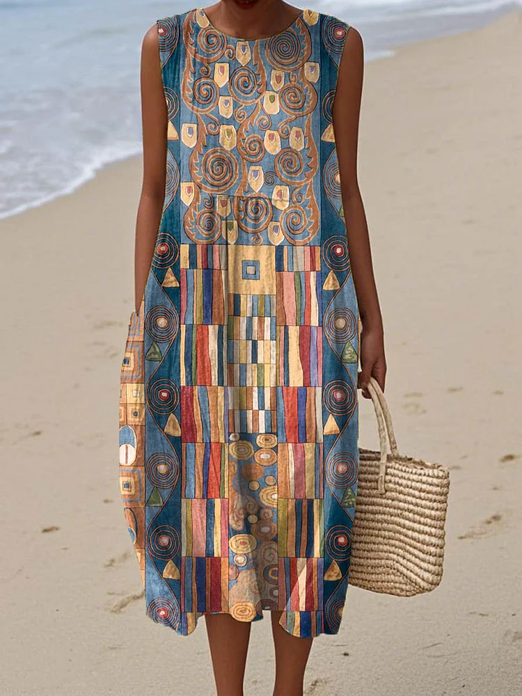 Women's Abstract Geometric Pattern Art Print Sleeveless Cotton Pocket Wrap Dress
