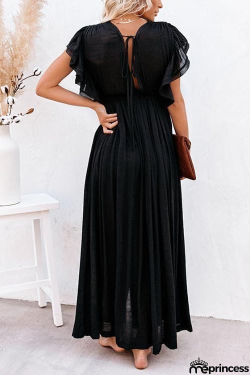 Button Drawstring Waist Bat Maxi Cover Dress