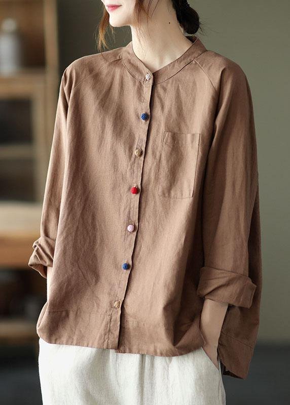 Handmade Khaki Retro O-Neck Button Fall Top Long Sleeve