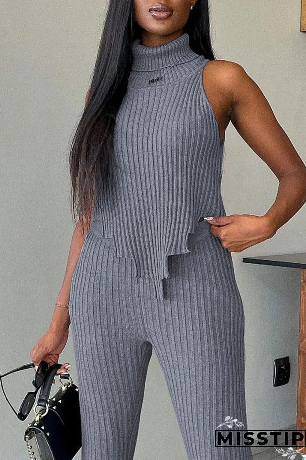 Grey Sexy Solid Patchwork Asymmetrical Turtleneck Sleeveless Two Pieces