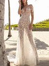 Sexy Short Sleeve See-Through Embroidered Backless Wedding Maxi Dress
