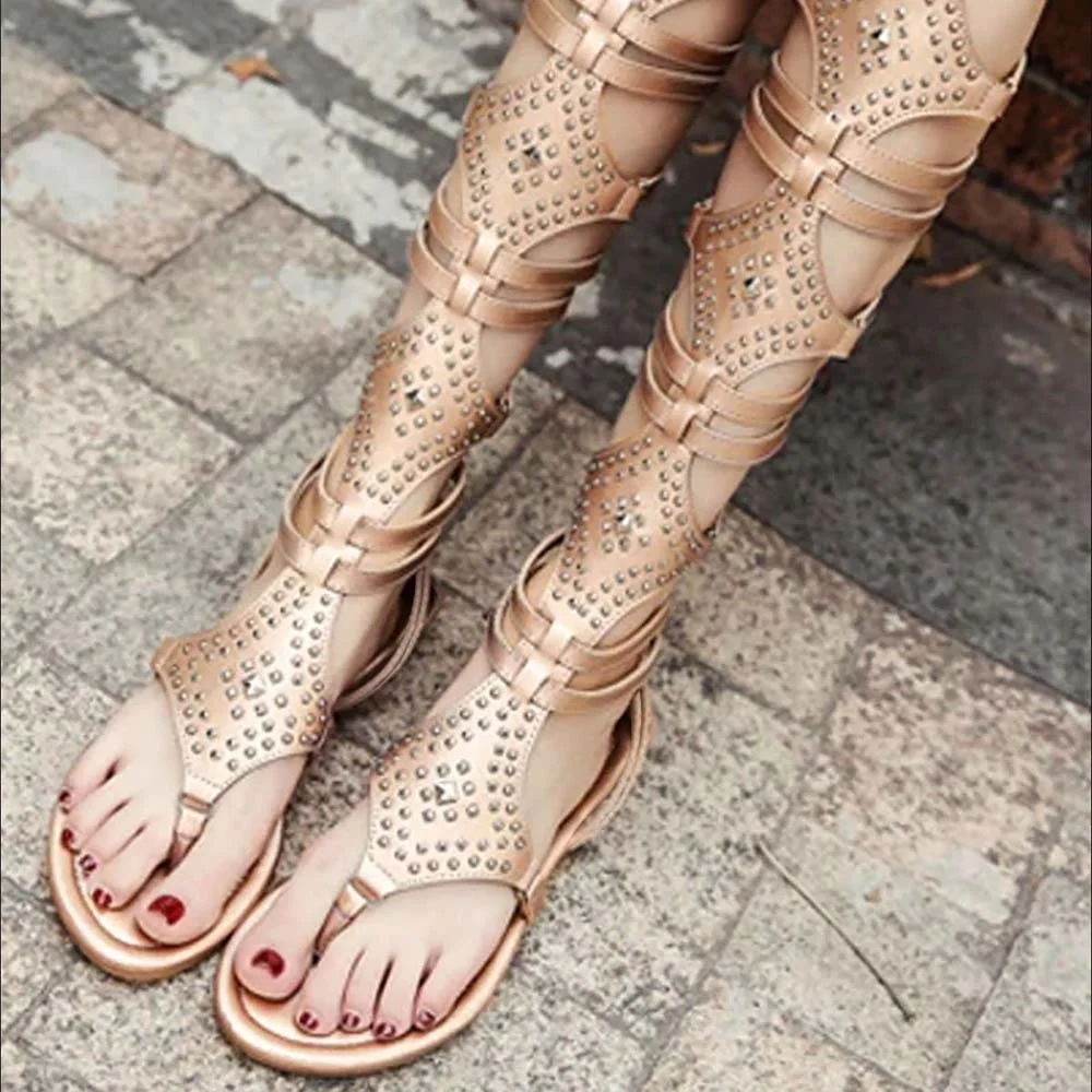 Gold Pointed Toe Strappy Sandals With Full Rivet Flats Gladiator Sandals  Nicepairs