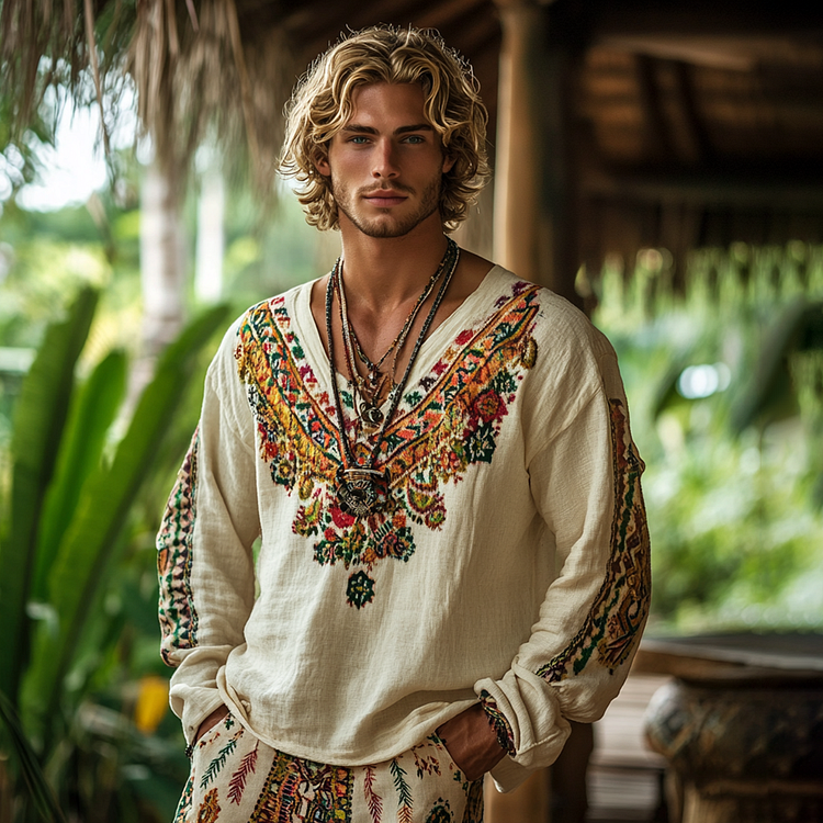 Men's Bohemian Holiday Style Linen Printed Casual Long Sleeve Tops