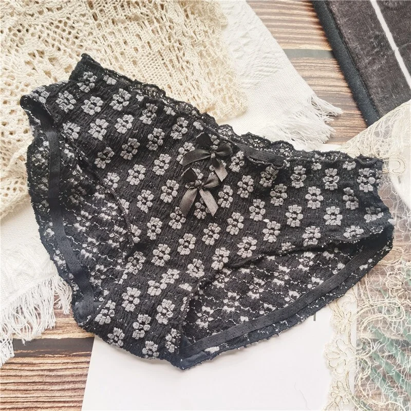 Billionm Flower Buds Literary Retro Cute Flowers Low-waist Bow-knot Women's Underwear Breathable Solid Color Fashion Students New
