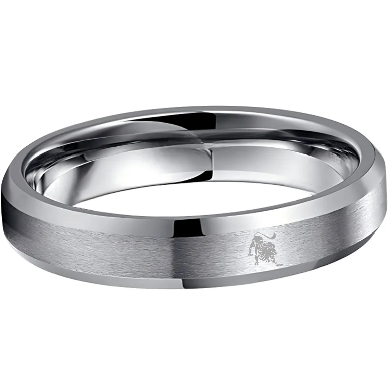 Sliver Laser Etched Couple Wedding Band Sliver Leo Tungsten Carbide Rings Beveled Edges 4MM 6MM 8MM Width