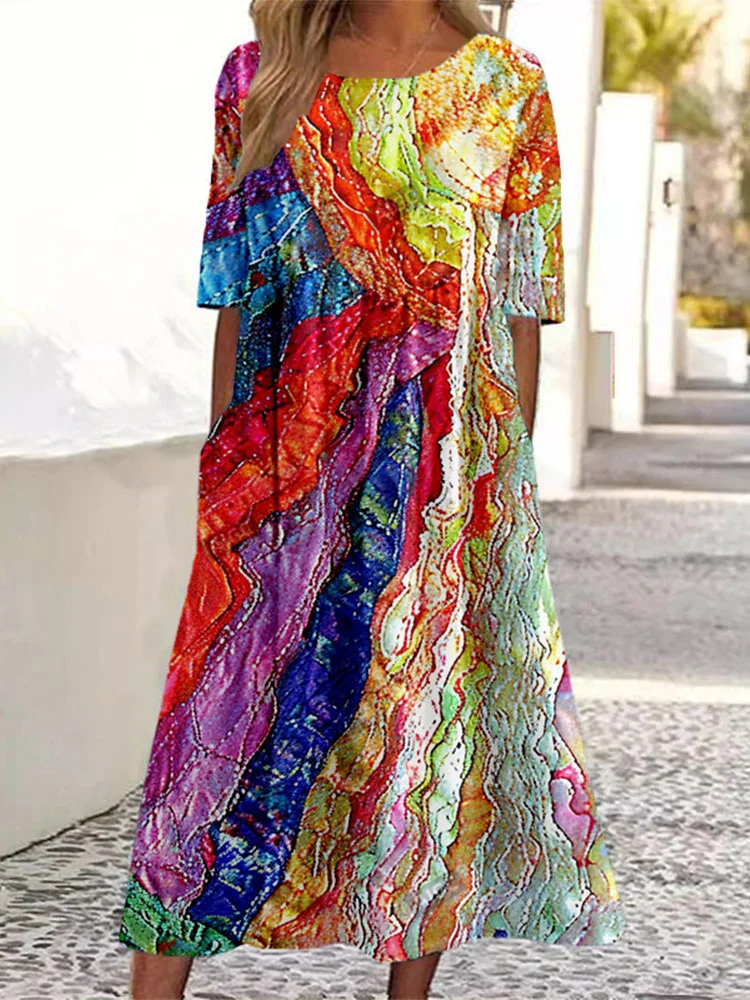 VChics Colorful Boho Patchwork Linen Blend Midi Dress
