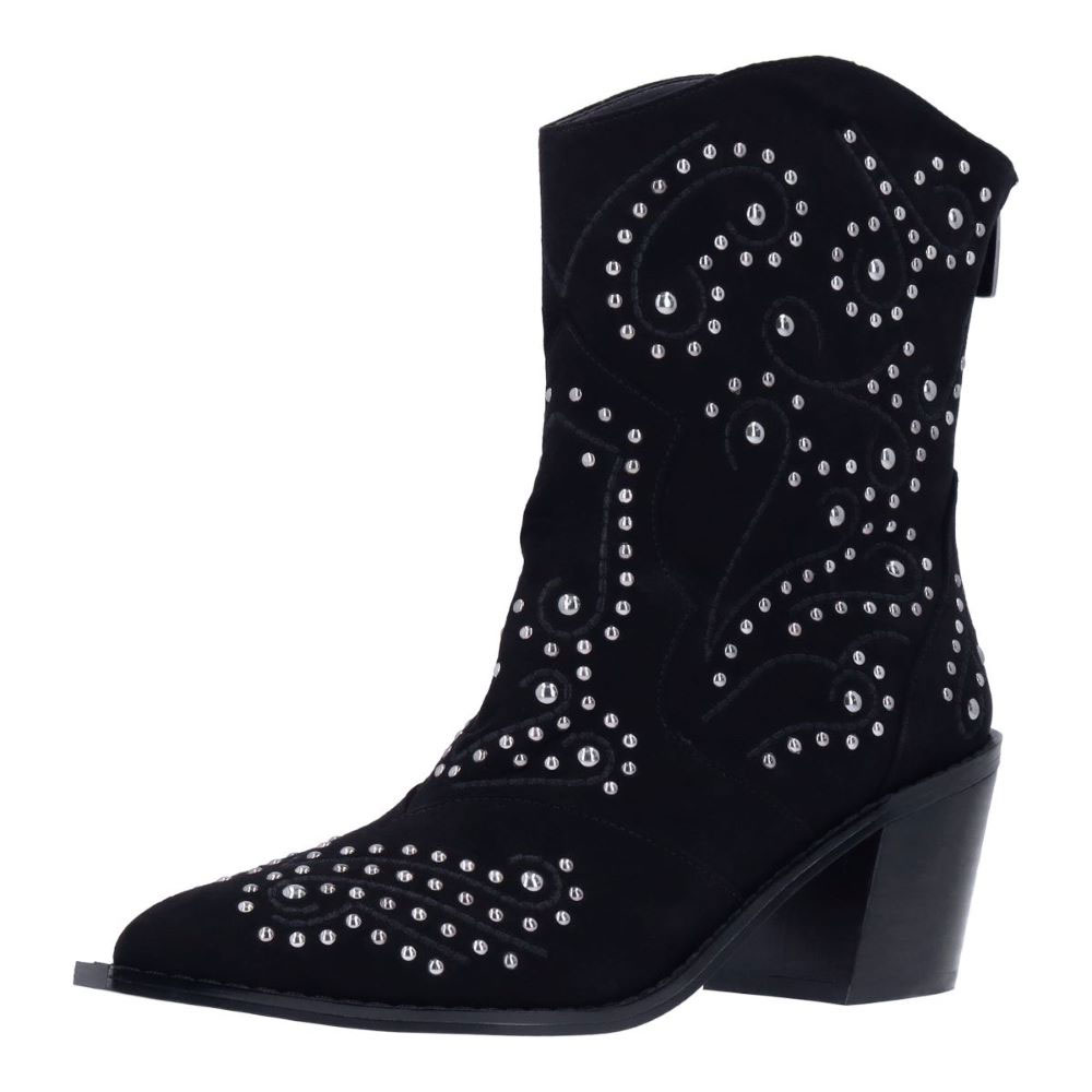 Black Studded Slip Toe Chunky Heel Cowgirl Ankle Boots with Zipper Nicepairs