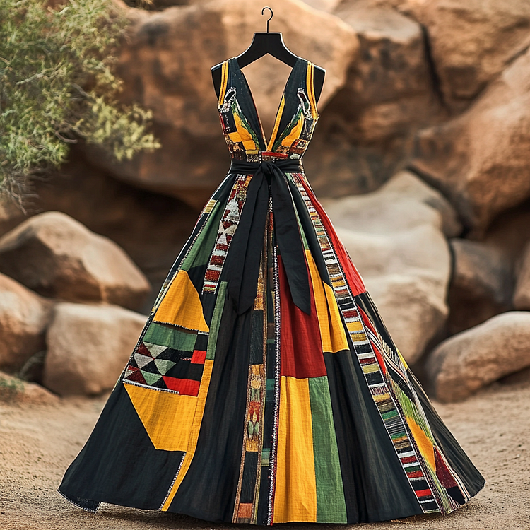 VChics Women's Vintage Juneteenth Applique Art Print Long Dress