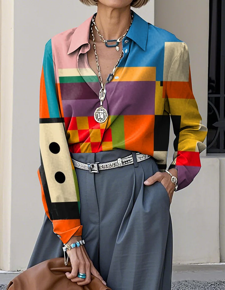 Elegant Abstract Art Print Lapel Casual Long Sleeve Shirt