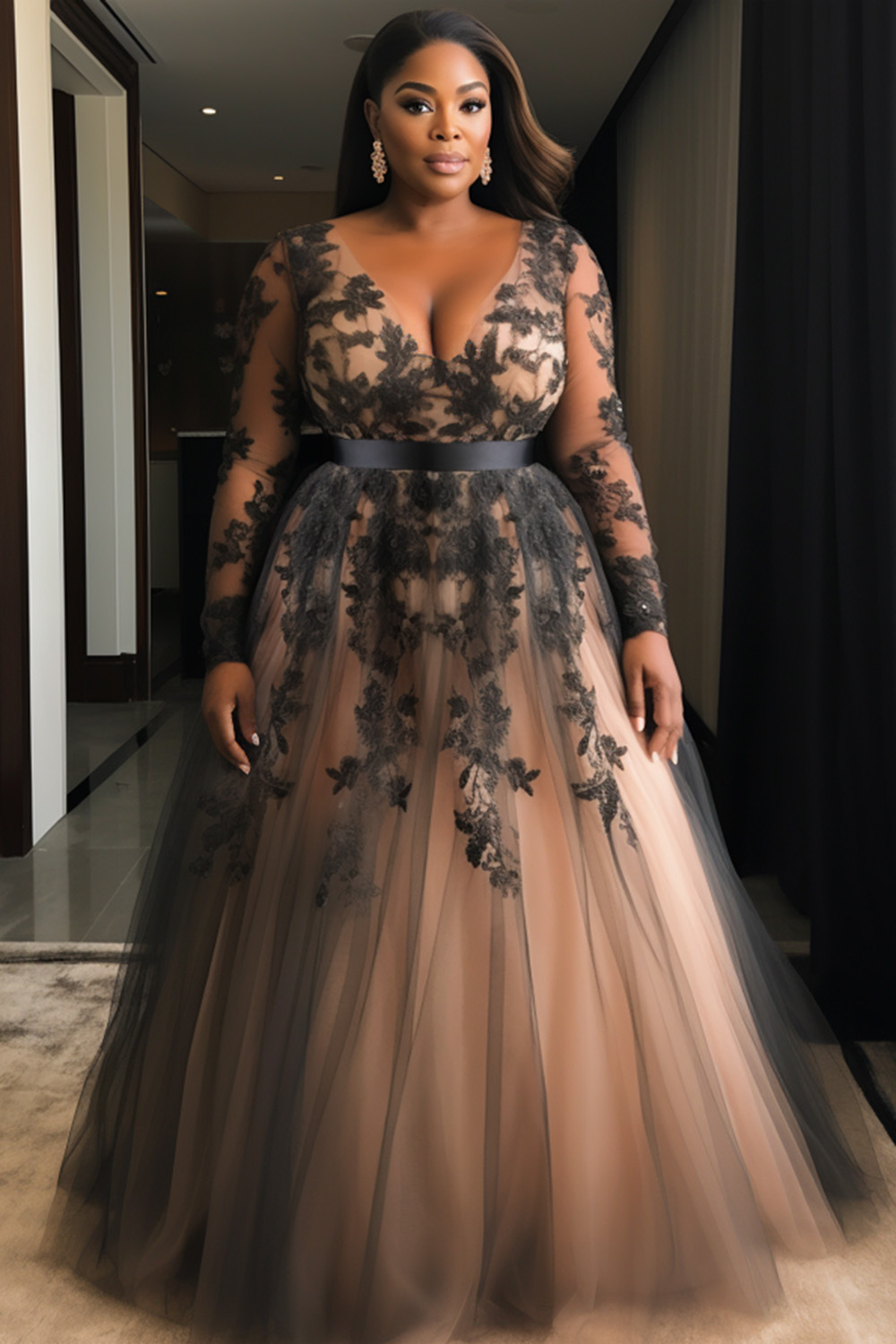 Xpluswear Design Plus Size Mother Of The Bride Tulle Black Elegant Graphic V Neck Long Sleeve See Through Lace Maxi Dresses [Pre-Order]