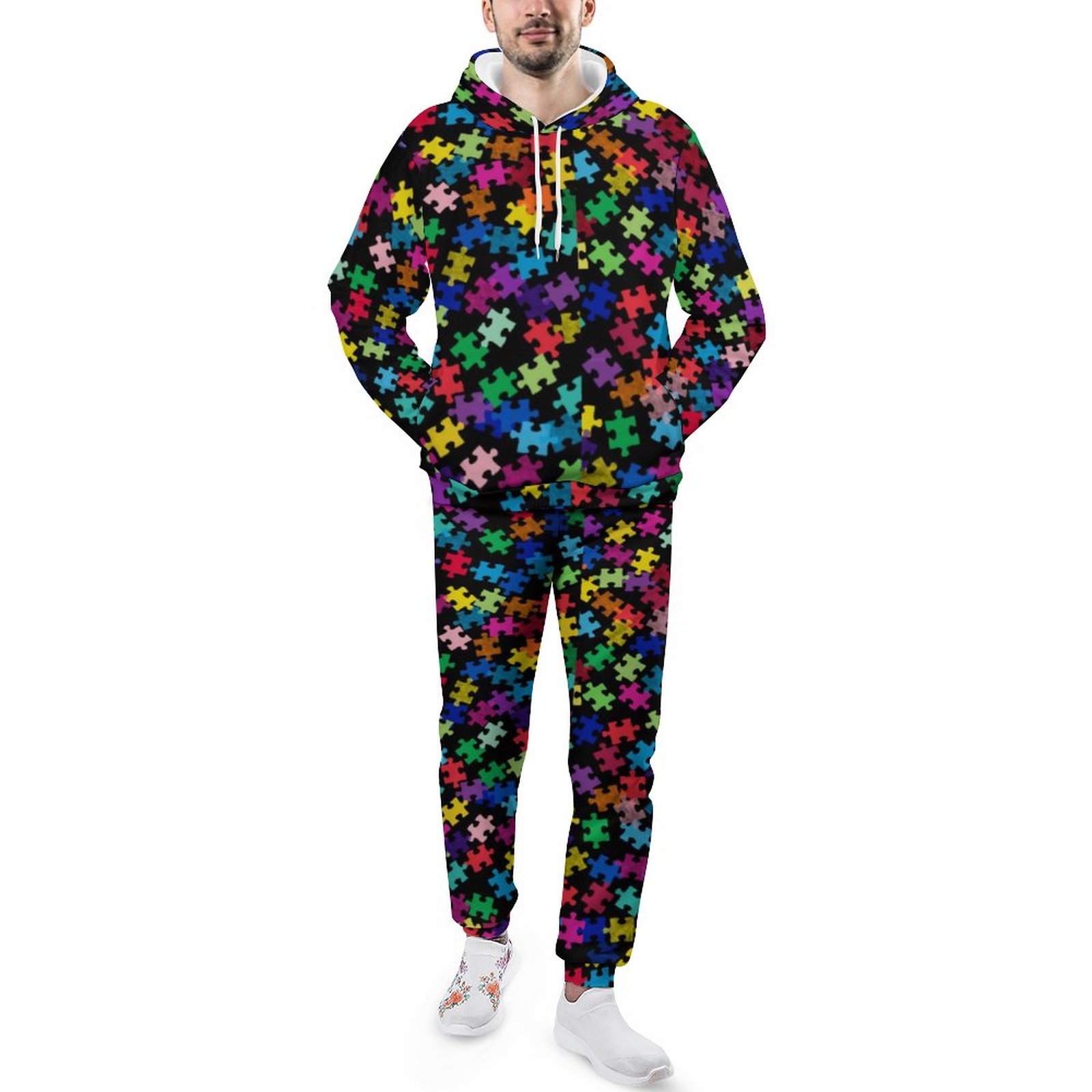 Autism Awareness Colorful Puzzle Piece Men's Tracksuit 2 Piece Hoodie Sweatsuit Sets Casual Jogging Athletic Suits