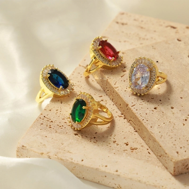 Elegant Minimalist Oval Copper Plating Inlay Zircon 18k Gold Plated Rings