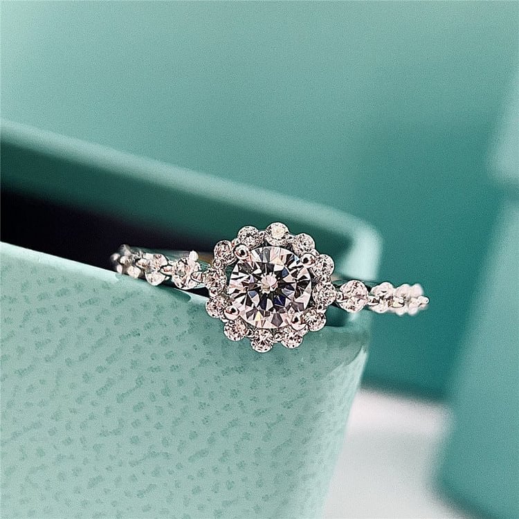 Sterling Silver Floral Engagement Diamond Ring
