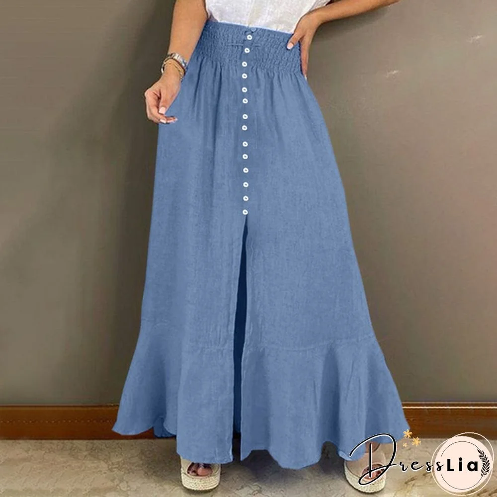 Women Elastic Waist Button Front Denim Skirt Flared Hem Casual Long Skirts