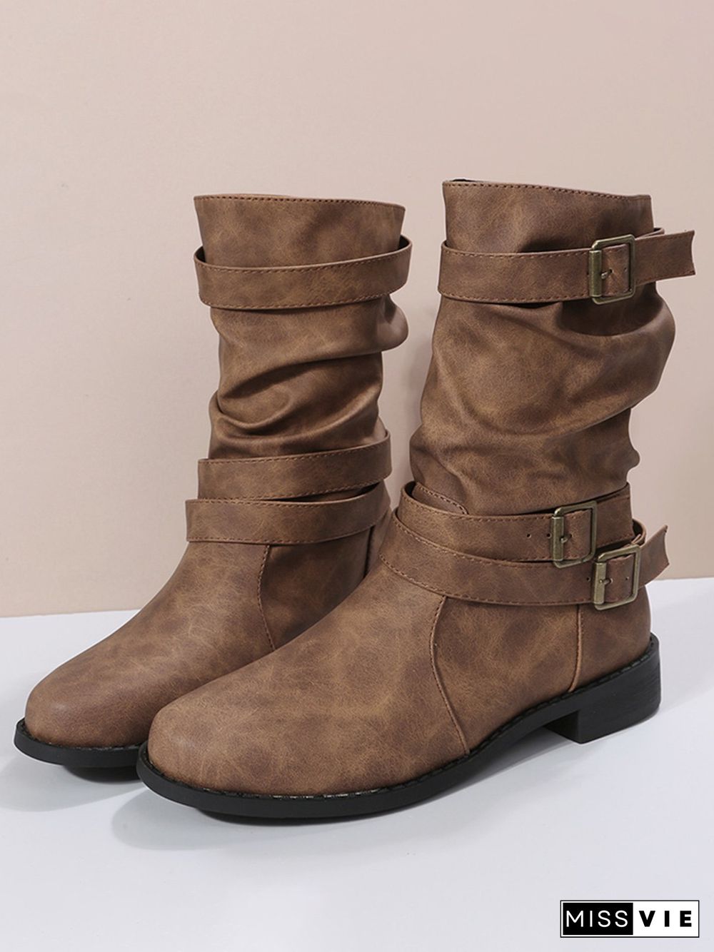 Ruched Buckle Casual Leather Booties