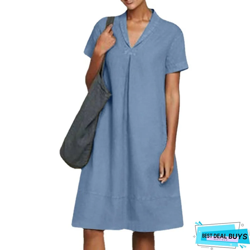 Women's Shift Dress - Short Sleeves Solid Color Summer Elegant Black Army Green Light Blue Linen