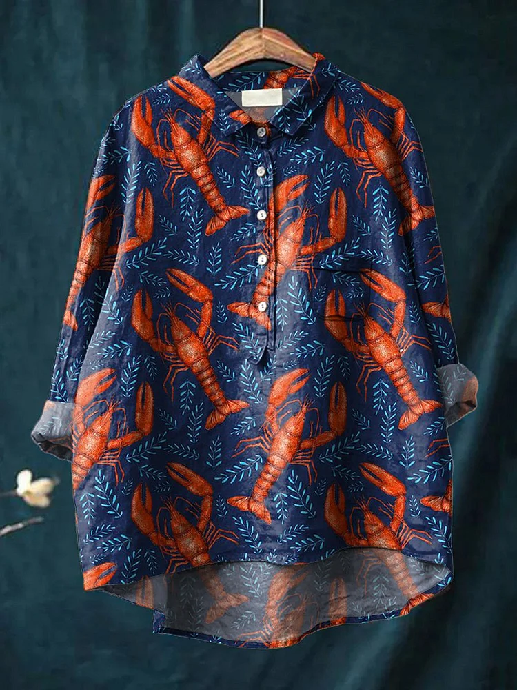 Red Lobster Repeat Pattern Printed Women's Casual Cotton And Linen Shirt