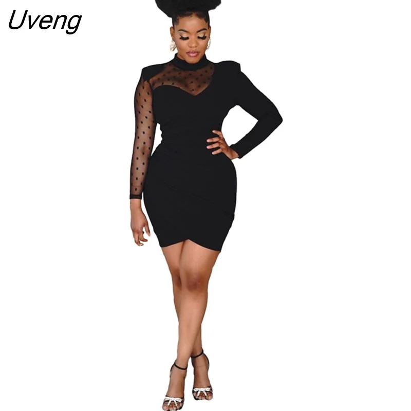 Uveng Women's Mini Dresses Mesh Dot Long Sleeve Pencil Dress Fall Winter Spring Clubwear Bodycon Black U-neck Sexy Party Outfit