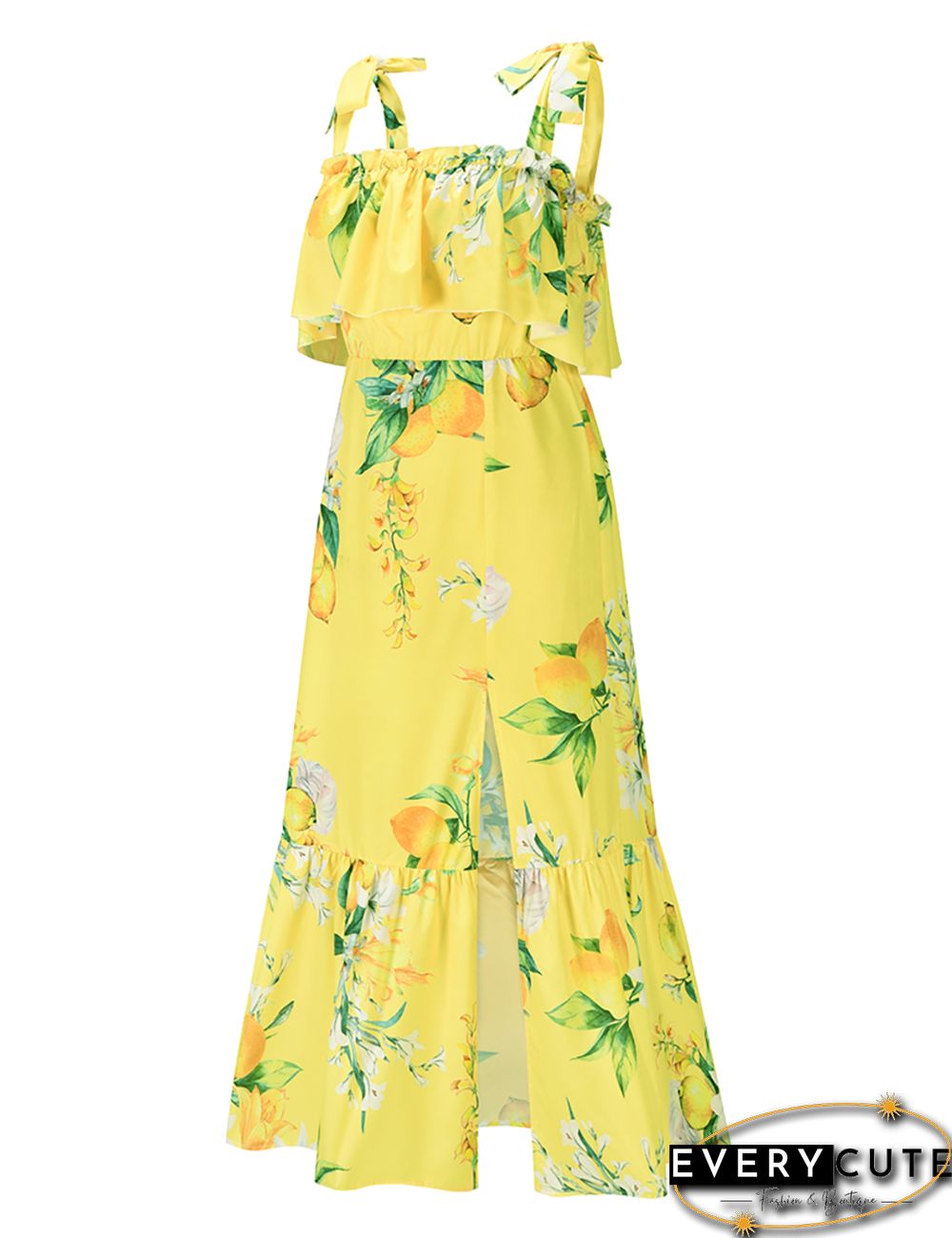 Yellow Floral Print Ruffled Split Maxi Dress