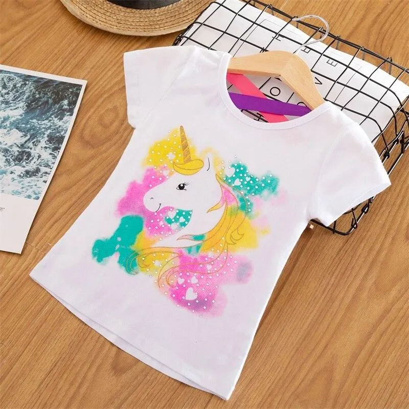Girls T-shirts Short Sleeve Flamingo Unicorn Print Tops for Baby Girl Summer Clothes Sequins Tshirt 3-8Yrs Kids Tees for Girls