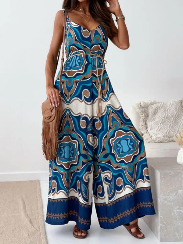 Flower Printed Sleeveless Spaghetti Neck Bohemia Jumpsuits