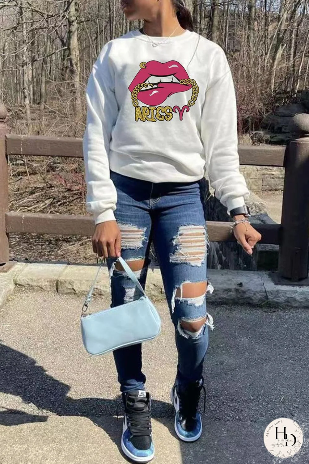 White Fashion Casual Print Basic O Neck Tops