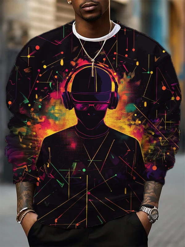 Men's Black People Listening To Hip-Hop Music Geometric Art Print Casual Sweatshirt