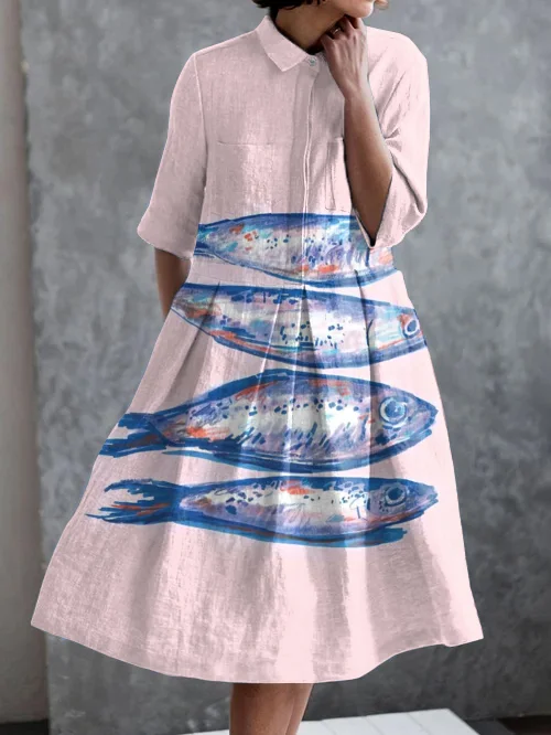 Vintage Fish Art Print Casual Pocket Half Sleeve Dress
