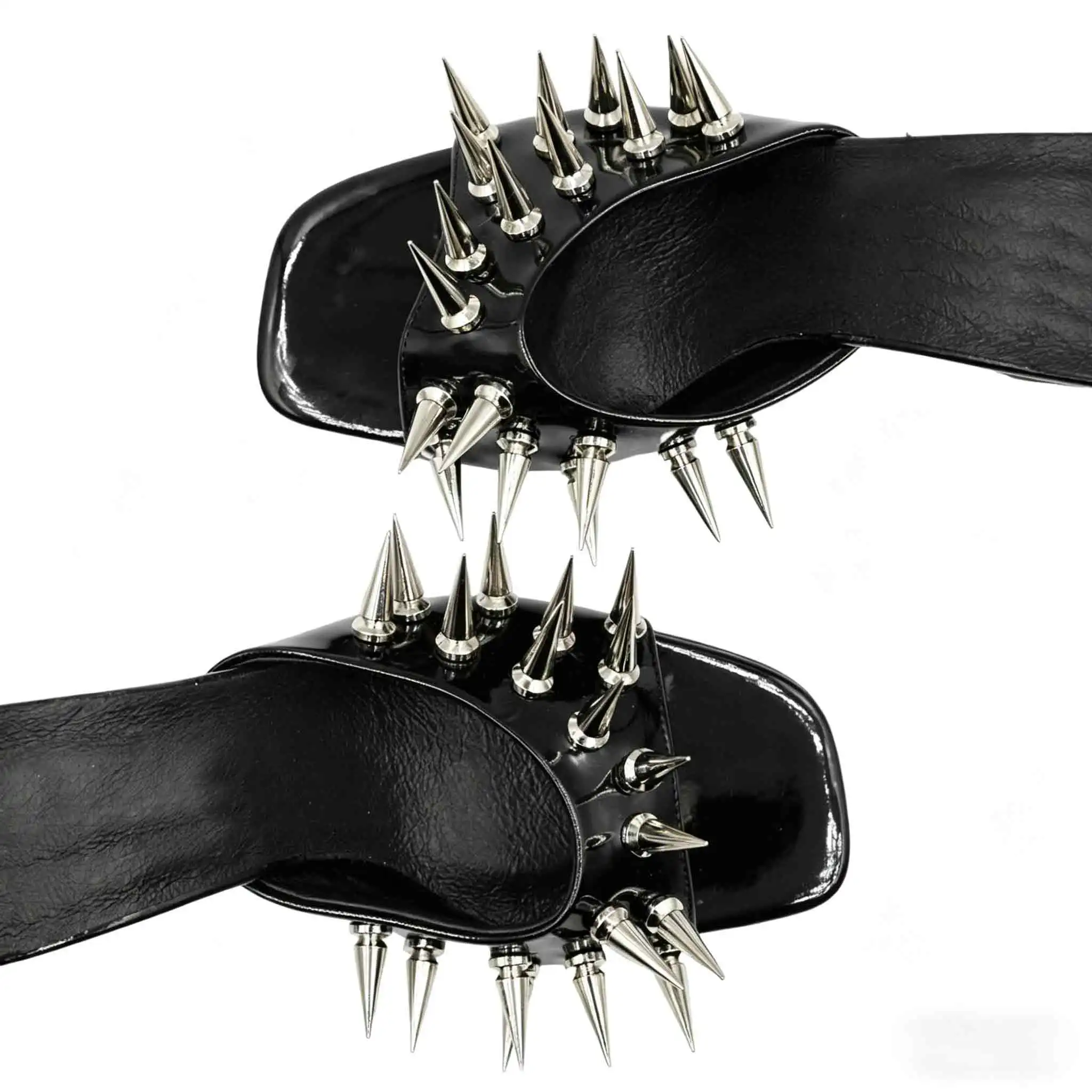 Open Toe Metal Spikes Mules Women Trending Sexy High Heels Patent Leather Gold Slippers Ladies Luxury Sparkly Party Chic Shoes  highheelher